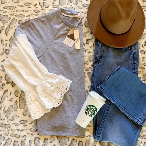 Gray Cozy Boho Sweatshirt with Lace Sleeves - Picture 3 of 4